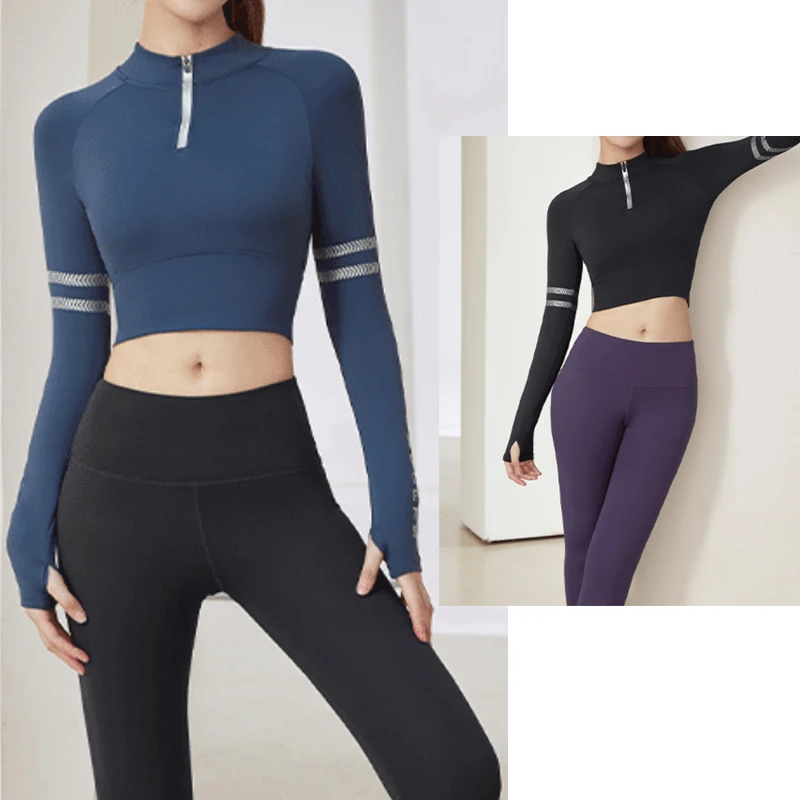 Aiithuug Build-in Cup Bra Yoga Shirts Quarter Zip Half Zip Gym Shirt Workout Long Sleeve Crop Top with Letters Stretchy Elastic