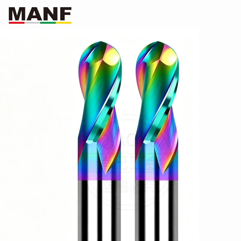 MANF 2-Flute Tungsten Carbide Ball Nose End Mill HRC58 CNC Cutting Tool Colored for Aluminum Ball End with Extended Shank