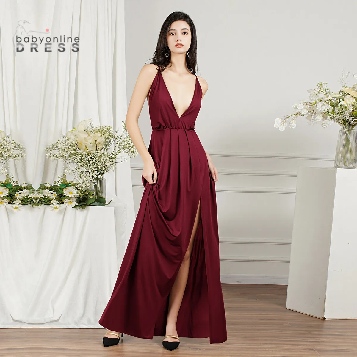 Ladies Evening Dresses Long A-line Sexy Deep V-Neck Cross Straps Backless Split Side Evening Prom Gown Women Maxi Club Dress2022