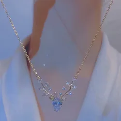 Sparkling Deer Pendant Necklace for Women Blue Crystal Small Moose Choker Chain Link Chain Fashion Jewelry Gift for Girlfriend