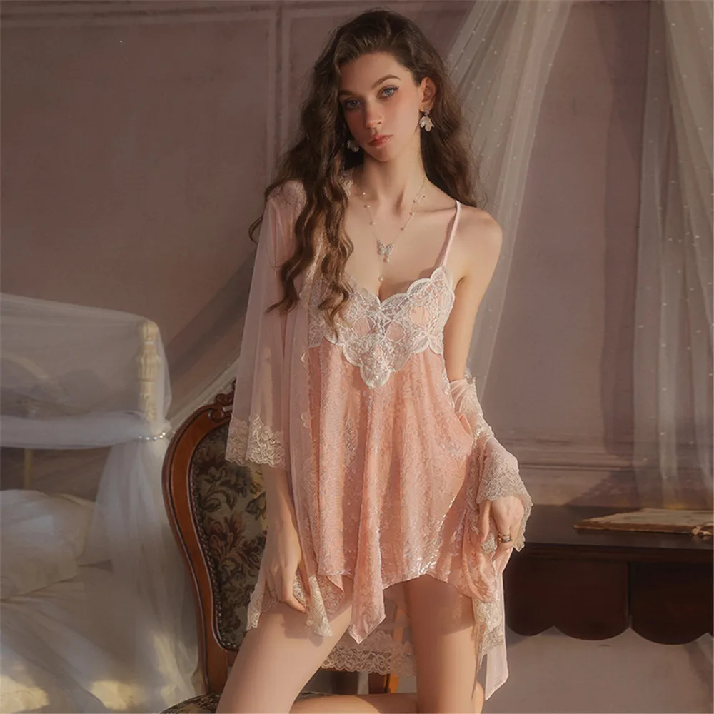 

Комплект-двойной халат, женский кружевной сетчатый халат, велюровая ночная рубашка, костюм, одежда для дома, бархатная одежда для сна, ночная рубашка, кимоно, платье