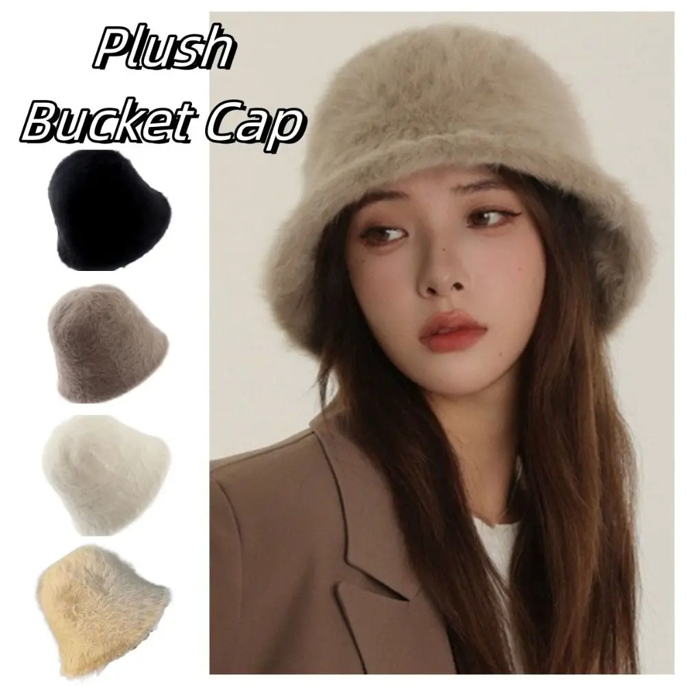 

Temperament Knitted Plush Bucket Cap Warm Furry Winter Fisherman Hat Windproof Versatile Anti-cold Bucket Hat Autumn