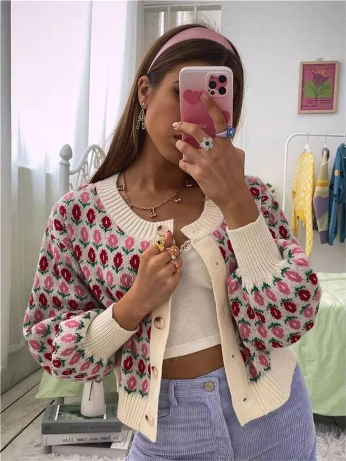 Sexy Cardigan Women Long Sleeve Top Knitted Y2k Clothes Crop Sweaters Preppy Flower Pattern Drop Shoulder Cardigans For Woman