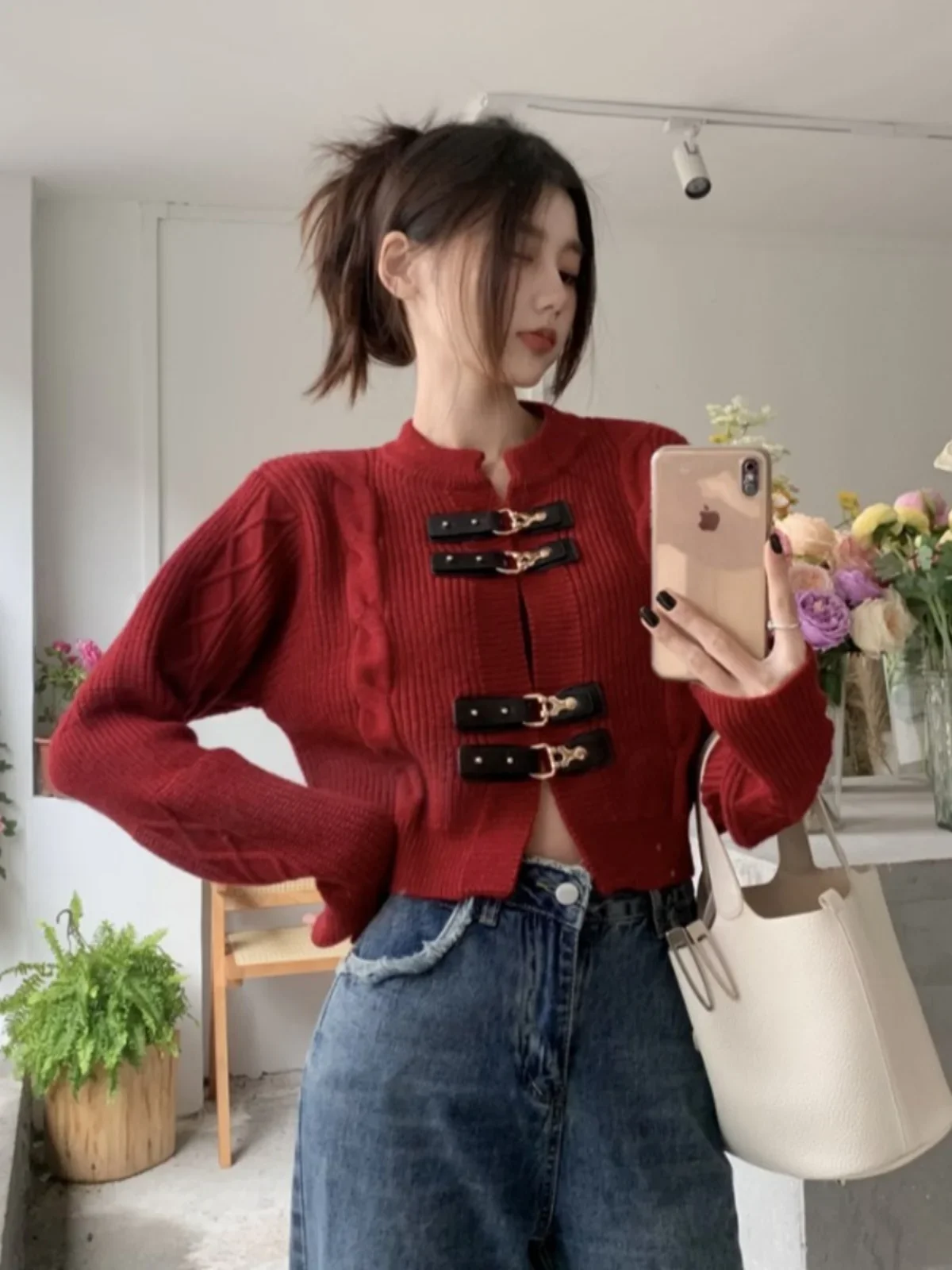 WomenRed Long Sleeves Cardigan Sweater 90s Aesthetic Y2k Vintage O-Neck Knitted Jumper Sweaters 2000s Fashion Clothes 2024