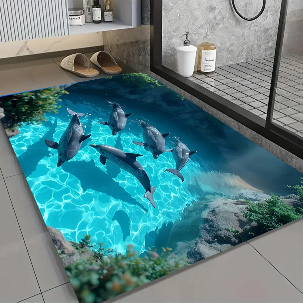 1pc Ultra-Absorbent Bath Mat - Quick-Dry Non-Slip Backing, Dolphin Bay Ocean Theme - Soft Bathroom Kitchen Laundry Mat for Sho