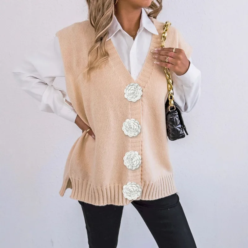 سترة صوفية نسائية كبيرة الحجم بأزرار لؤلؤية - سترة محبوكة ناعمة مفتوحة من الأمام للطبقات غير الرسمية #1