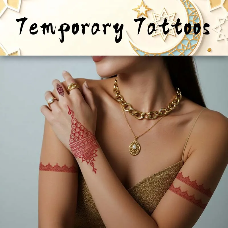 

Geometry Henna Temporary Tattoo Sticker, Long-lasting and Waterproof, Ramadan and Weddings Fake Tattoos for Women, For Arm, Leg.