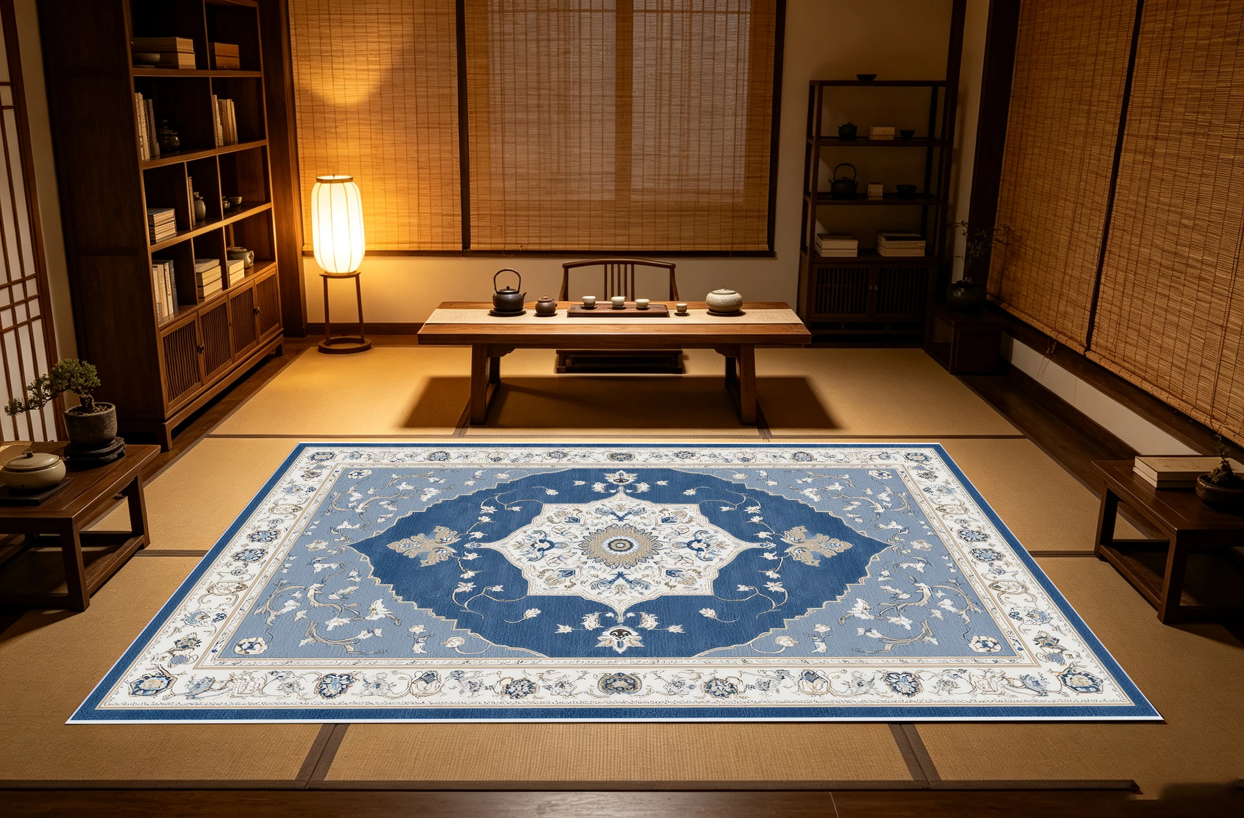 2D Blue & Beige European Retro Floral Pattern Rug, Soft & Skin-Friendly, Suitable for Living Room & Bedroom, Enhances