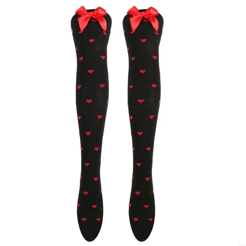 

P88A Valentines Day Over Knee Bowknot Colorful Lip Heart Pattern Long Socks Party Thigh High Stockings Tights for Womens