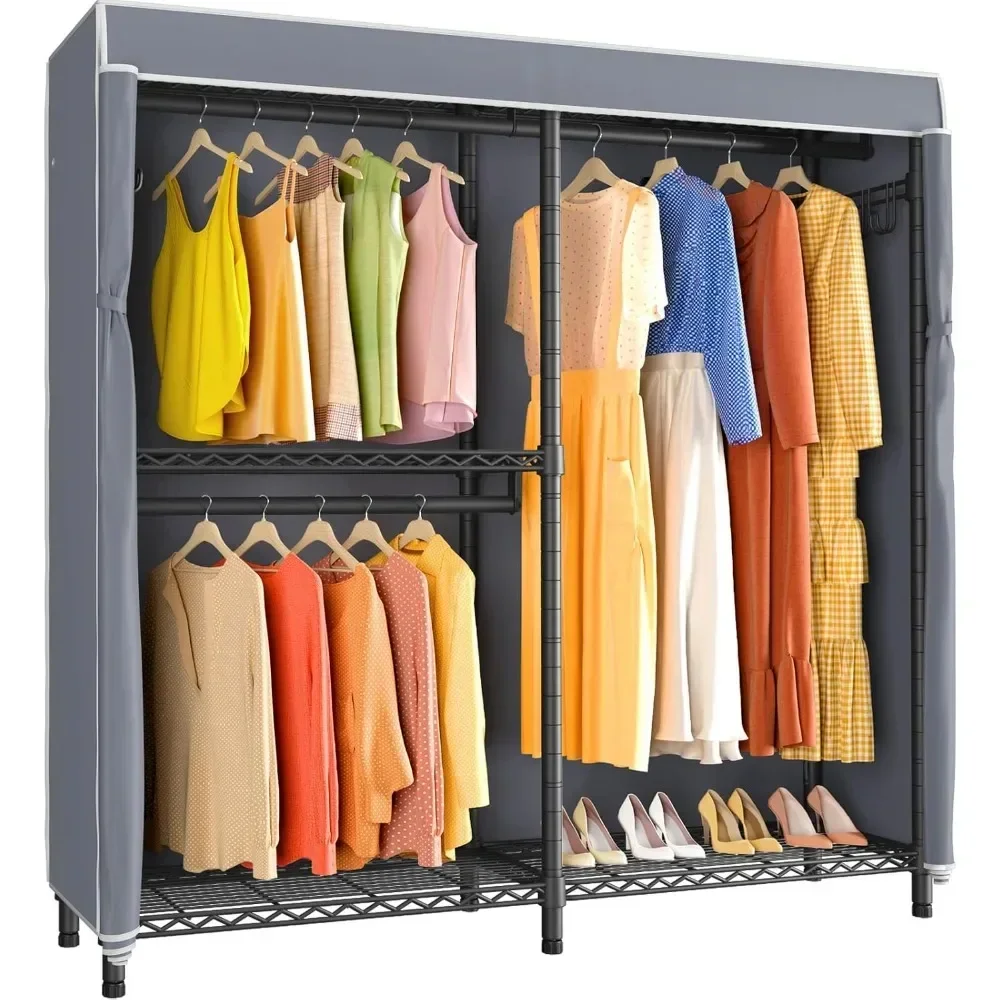 

Double Clothing Rack Protable Closet for Hanging Clothes, Heavy Duty Garment Rack Metal Wardrobe System with Adjustable Shelves