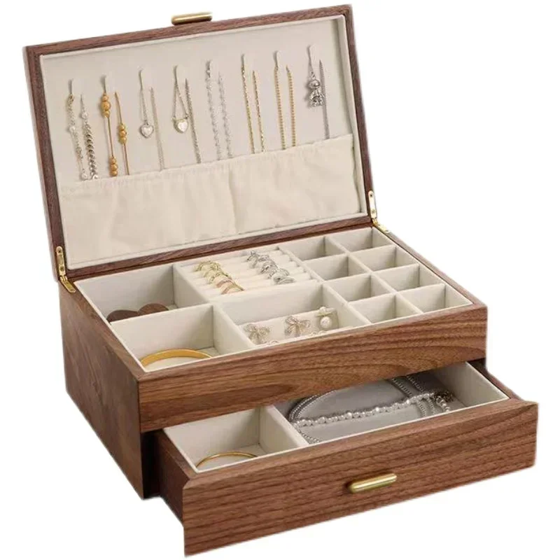 

Лучшая шкатулка для драгоценностей из черного ореха, стильный ящик из массива дерева, большой вместительный откидной крючок с зеркалом, ожерелье, кольцо, 2-слойные контейнеры для хранения