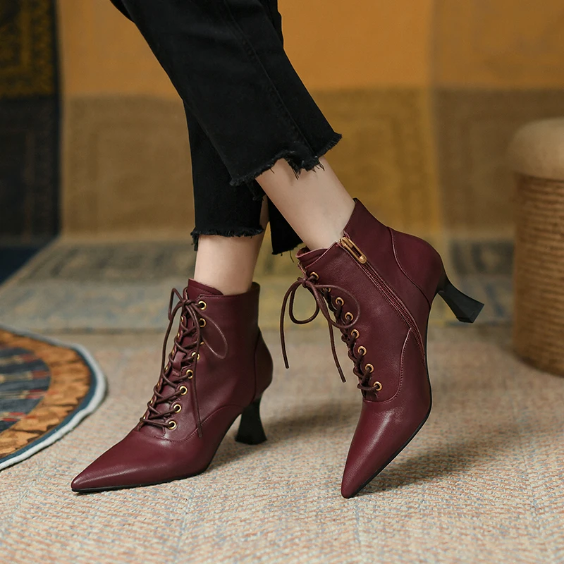 Vintage Mature Women Ankle Boots Pointed Toe High-heeled Lace-Up Genuine Leather Shoes Woman 2023 New Autumn Winter Office Dress