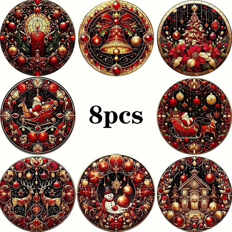 A Set of 8-Piece Christmas-Themed Wooden Round Coasters Is Suitable for Anti-Slip Decoration on Kitchen and Tea Set Tables