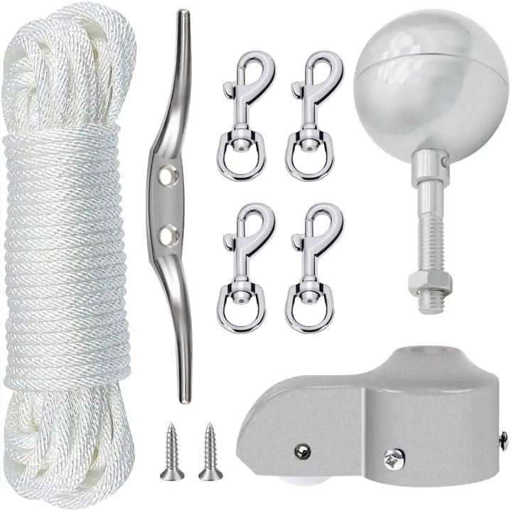 

Flagpole Hardware Repair Parts Kit, 50FT Halyard Rope + 3" Ball + 6" Cleat + 4 Swivel Snap Clips + Truck with Nylon Pulley for