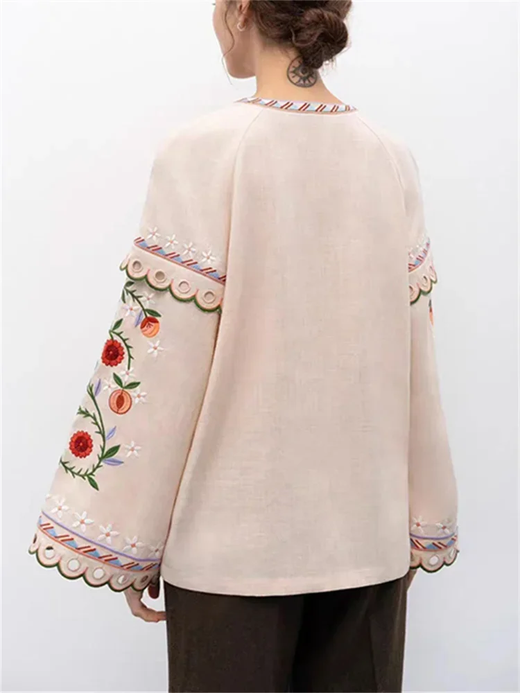 French Luxury E Shirt Women Colorful Flower Embroidery Blouse Spring New Ladies Lace Up Flare Sleeve Vintage Sweet Long Sleeve