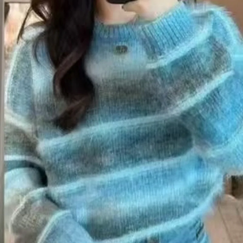 

Lazy Style Outerwear Midweight Gradient Color Long Sleeve round Neck Knitted Top Early Spring Women's Green Sweater Casual