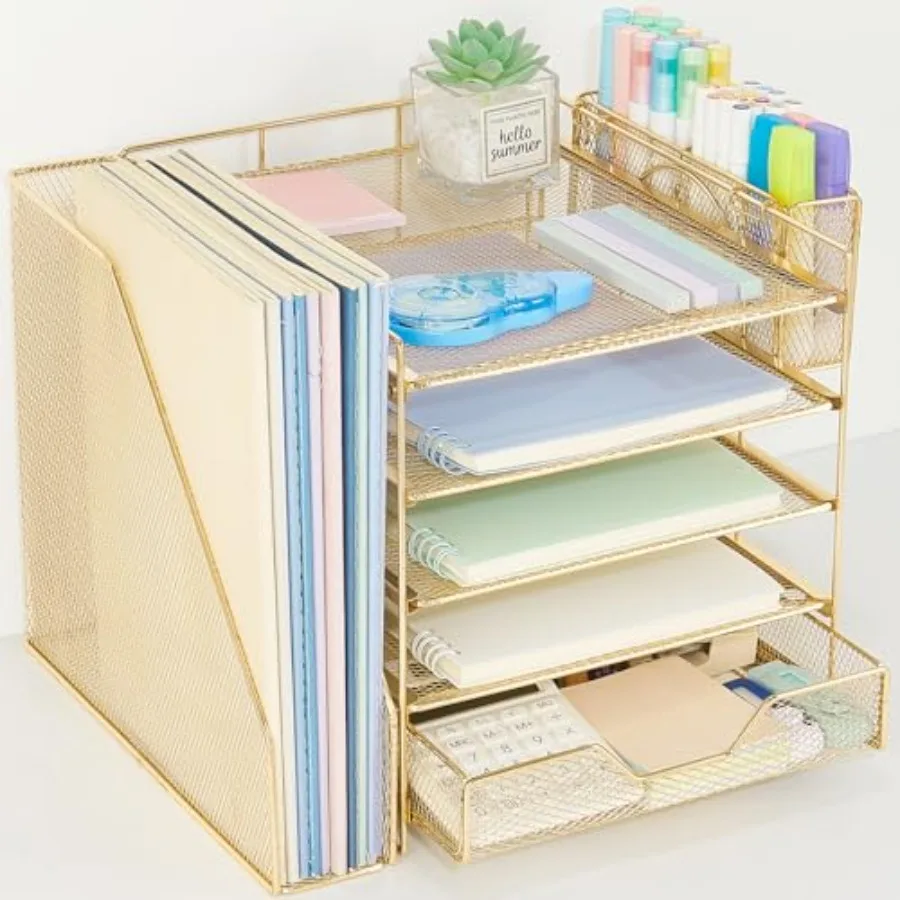 

Desk Organizer 5-Tier Paper Letter Tray Organizer with File Holder Drawer and Pen Holder Desktop Organizer for Office Supplies