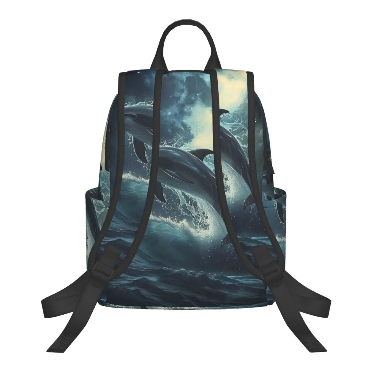 Dolphin Jumping Out Of Water And Full Moon Student Backpack School Bag Hiking Travel Daypack for Men Women Bookbag Shoulder Bags