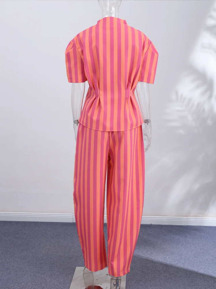 Gestreifte Kurzarm-Oberteil-Hosen-Kombination für Damen, Street-Style Einreihiges Tailliertes Oberteil mit Hochgeschnittener Hose, Modische Damen-Outfits – Detail 5