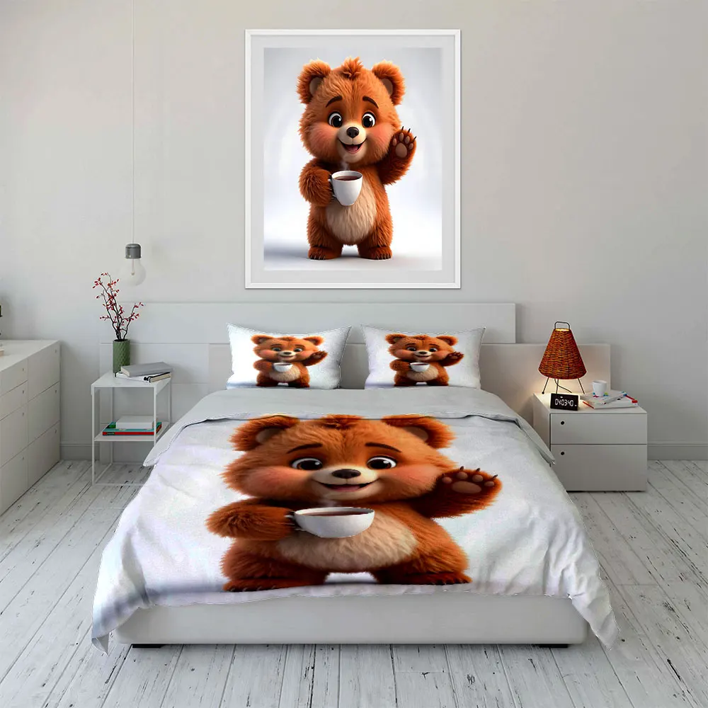 Cute plush animal holding cup Print Bedding Set 1 Duvet Cover 2 Pillowcases for Adult and Children Luxury Gift Full Size 4