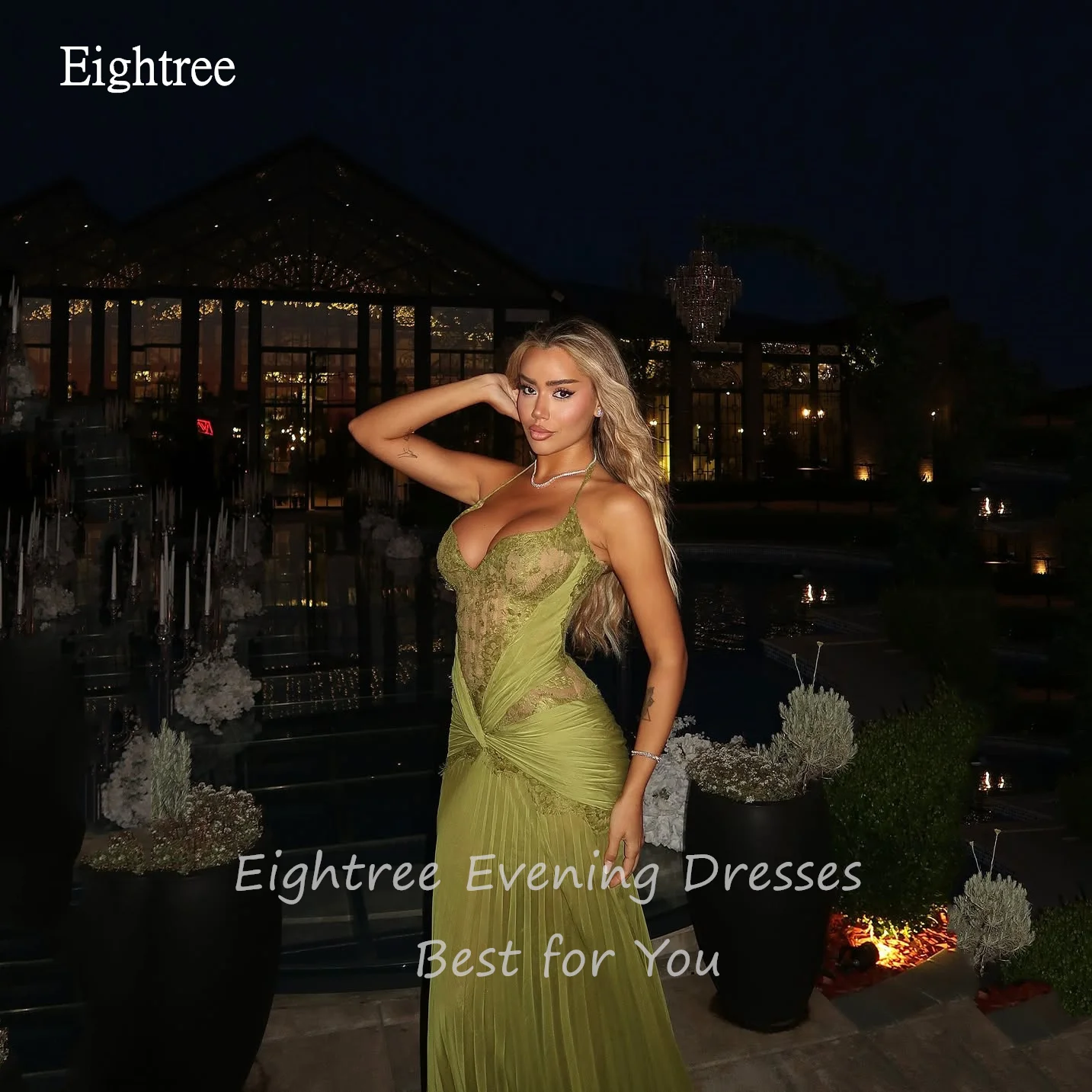 Eightree براقة الرسن الخردل الأخضر الحفلة الراقصة عارية الذراعين حورية البحر حزب رسمي ثوب الطابق طول مساء اللباس مخصص