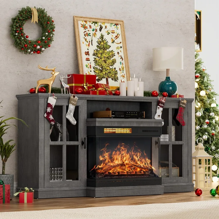 

YESHOMY Glass Fireplace TV Stand for Televisions up to 65 Media Entertainment Center Console Table with Doors Closed Storage Id