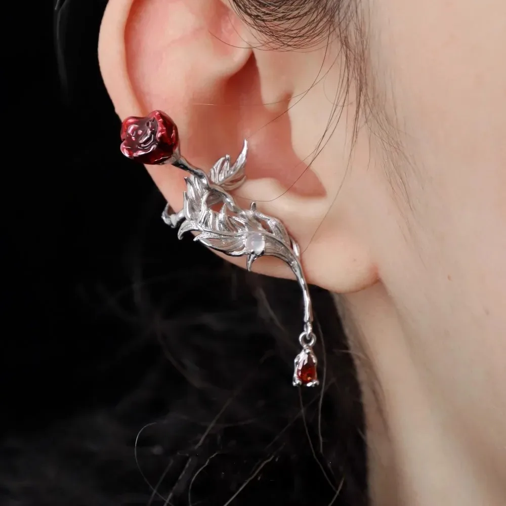 Elegant Moon Ear Cuff Crawler Hook Earrings, Diagonal Cross Rose Ear Jewelry for Women