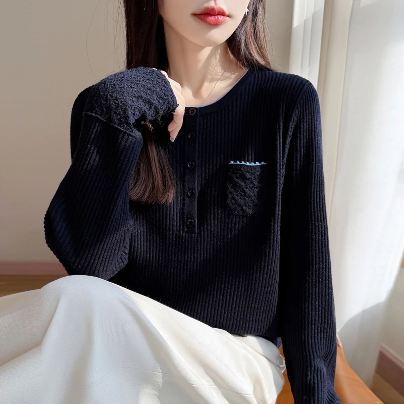 Semi-open round neck worsted sweater women's hollow crochet pit knit sweater loose button pocket coat