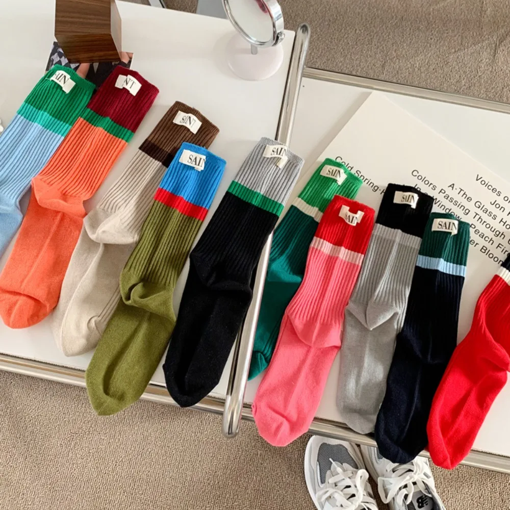 

Fashion Contrast Colored Pile Up Socks Heel Label Keep Warm Snow Boot Socks Cotton Knitted Socks Winter