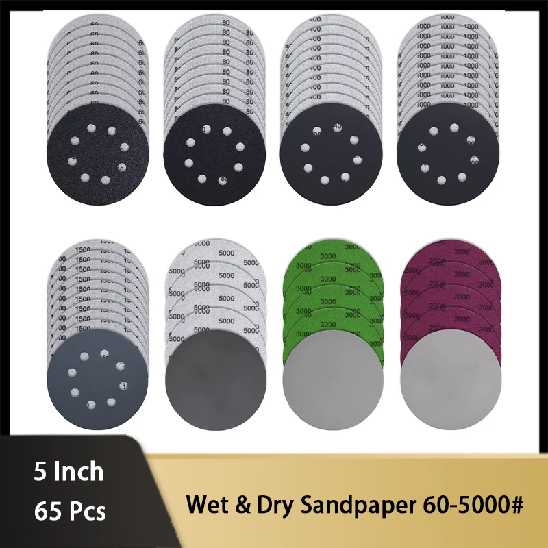 5 Inch 65 Pcs No Holes Wet and Dry Sandpaper 8 Holes Assorted Grit 60-5000 for Random Orbital Sanders Grinding Metal Wooden