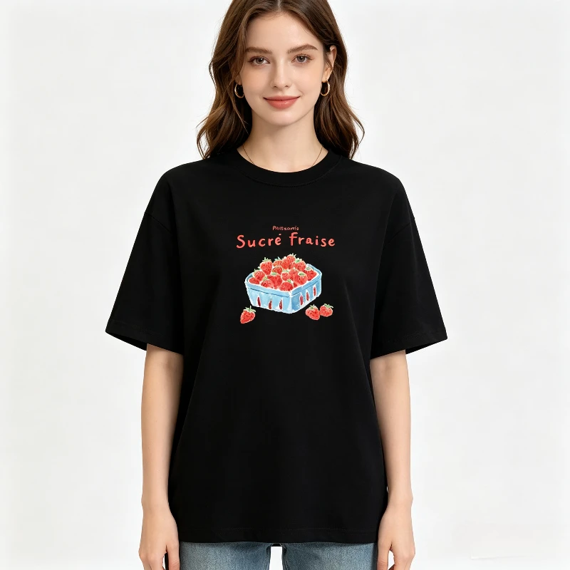 Cute Fruit Graphic T-Shirt Strawberry Basket Sucre Fraise Outdoor Camping Fishing SUP Skateboard Rock Tops