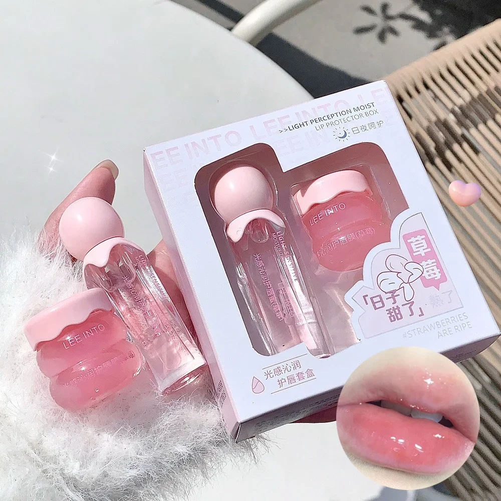 Leichtes Erdbeer-Lippen-Set, klares Glas, feuchtigkeitsspendender Lippenbalsam, transparentes Lippenöl, feuchtigkeitsspendendes Gelee, Tag- und Nacht-Lippenmasken-Set