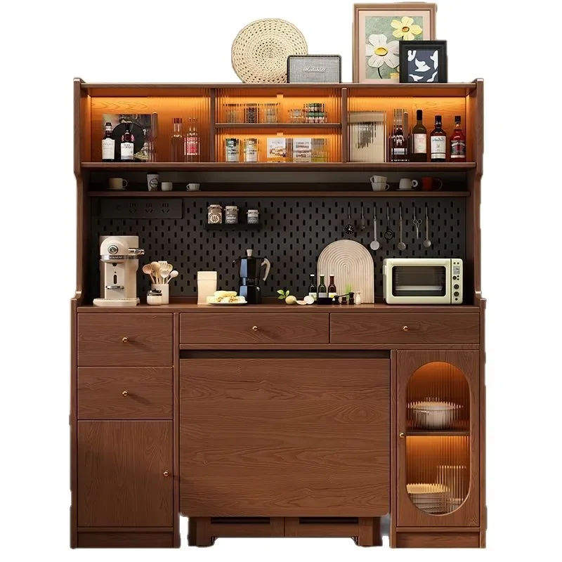 All solid wood folding dining table, side cabinet, integrated table, household small apartment, retractable mobile multi-functio