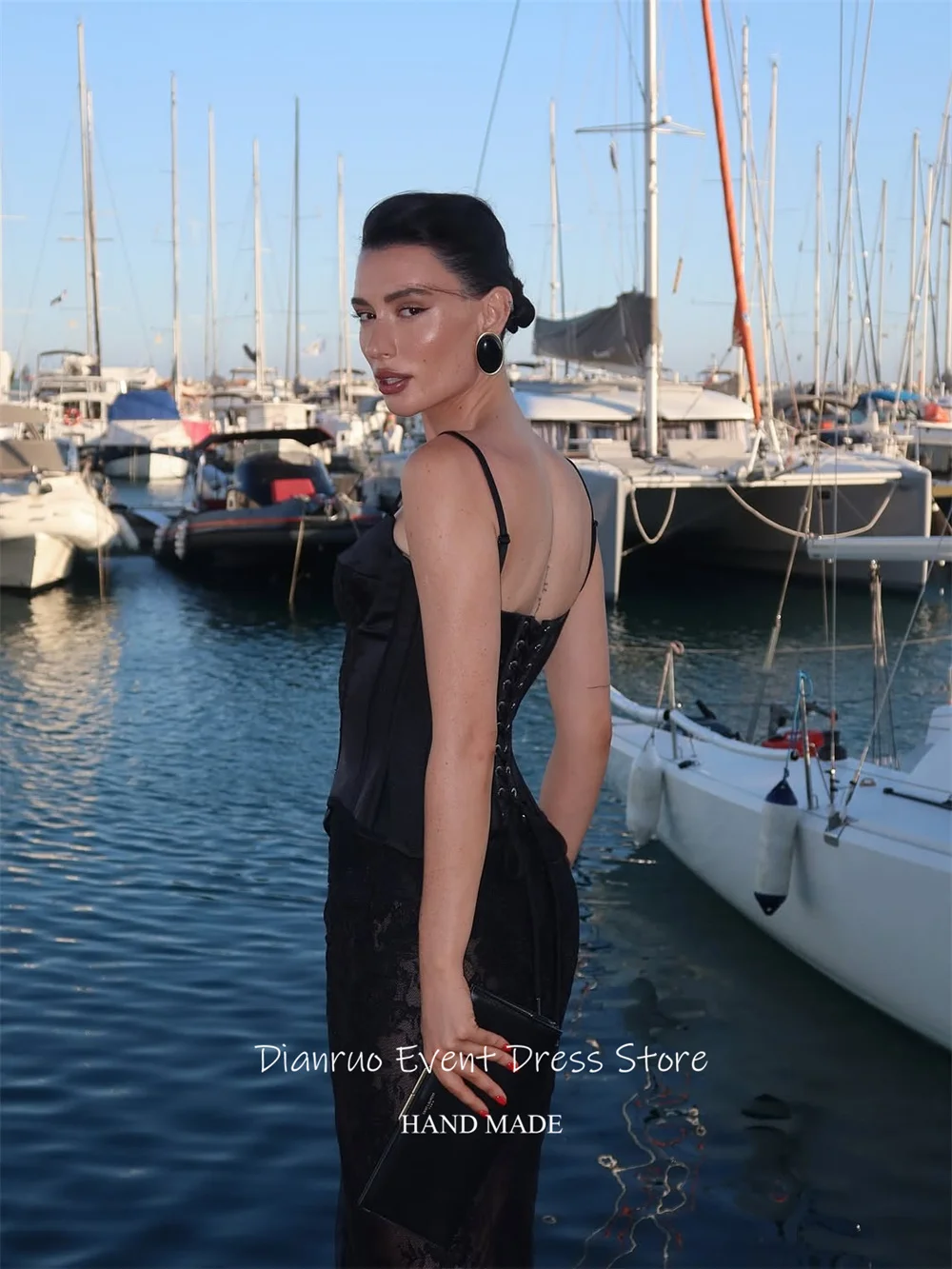 فستان سهرة بحمالات سباغيتي من Dianruo شفاف من خلال الدانتيل حورية البحر فيستدوس دي نوفيا مزين بحفلات الزفاف الأنيقة حسب الطلب