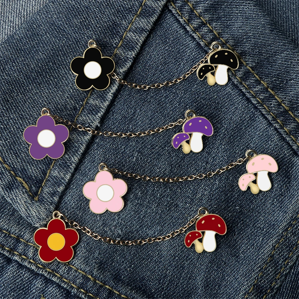 Cartoon Mushroom Flower Brooch with Chain Cute Colorful Enamel Pins for Kids Gifts Custom Bag Lapel Denim Badges Fashion Jewelry