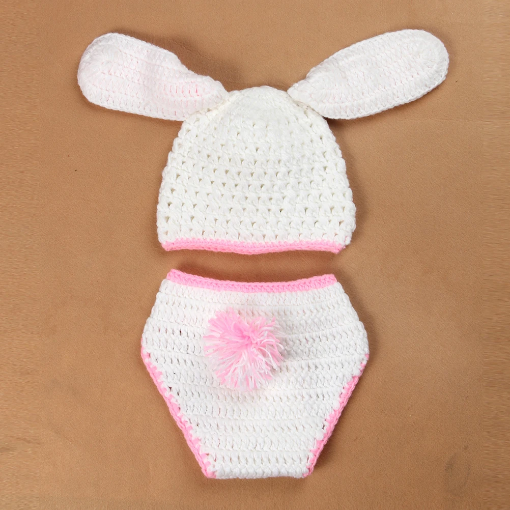 

Unisex Newborn Baby Rabbit Photo Props Knit Corchet Photography Props Outfits Hat Pant - Big Ears Bunny (Pink and White)