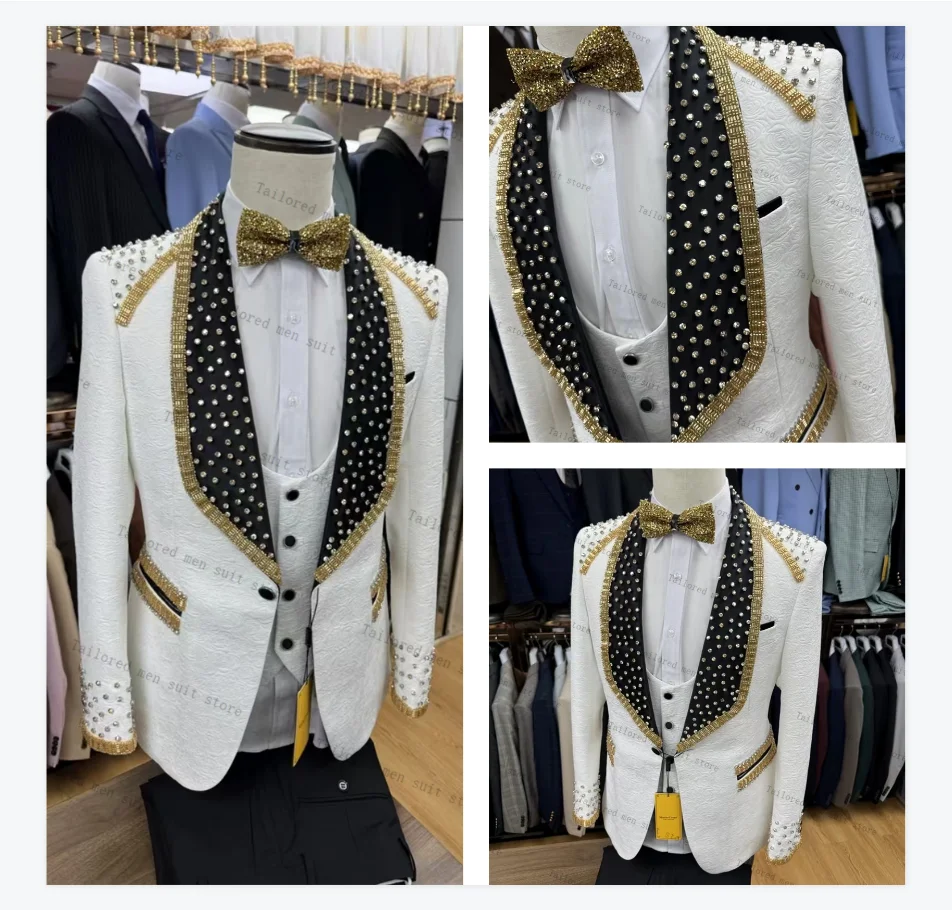 

Jacquard White Men Suits Set 2 Pieces Blazer+Pants Trousers Autumn Pearls Crystal Wedding Tuxedos Jacket Formal Office Prom Coat