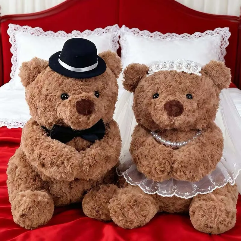 

Brown Wedding Couple Teddy Bear Plush Set Squishy Stuffed Doll Romantic Wedding Table Decor Marriage Gift for Bride Groom Couple