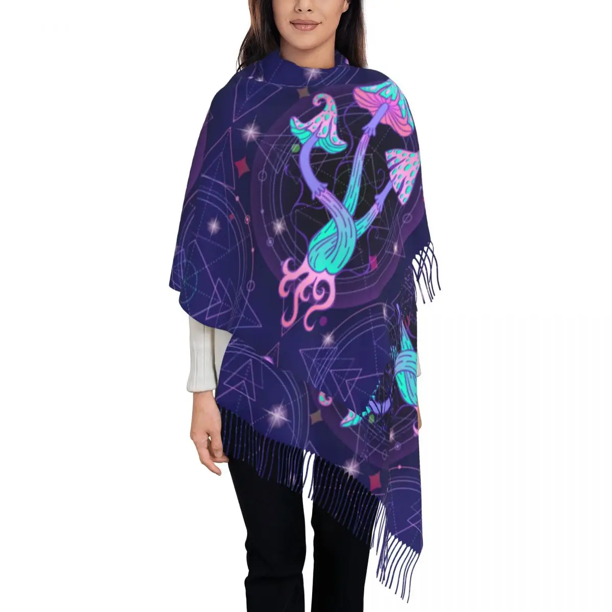 Custom Female Long India Mandala Magic Psychedelic Mushrooms Trippy Scarves Women Winter Soft Warm Tassel Shawl Wrap Music Scarf