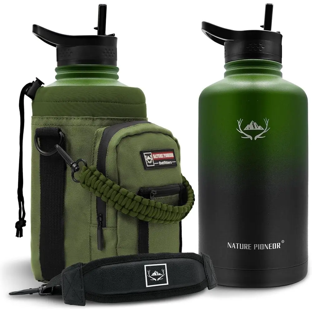 

Термос из нержавеющей стали на 64 унции с держателем - многоразовая бутылка для воды объемом 1 галлон, из пищевой стали 18/8