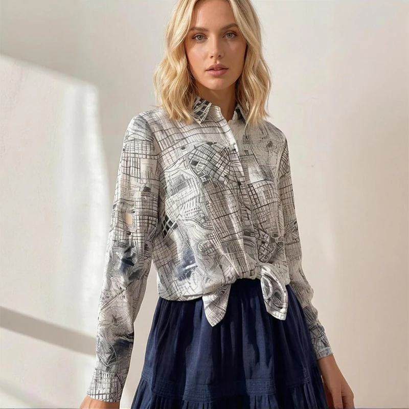 

Women Long Sleeve Shirt 100% Mulberry Silk 19 Momme Crepe Silk White Printed Buttons Down Top Blouse Office Work L XL M1541