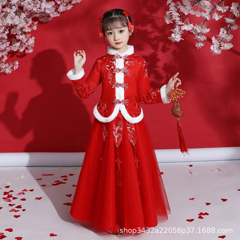 Girls Dress For New 4-14T Year 2023 Plus Velvet Thick Embroidered Chinese National Style Cheongsam Two Pieces Kid Winter Clothes