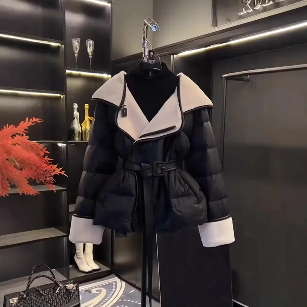 

Winter New Hot Sale Women High-End Black Short Cotton Jacket Waist-Cinching Chic Style Streetwear Outerwear Elegant Female Coat