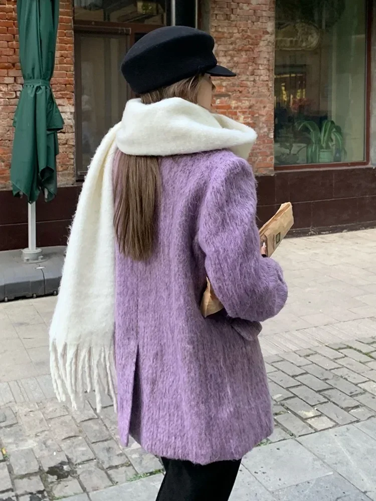 Fashionable streets of Paris 2024 New Winter Women Wool Blend Coat Korean Style Loose Purple Casual Overcoat Office Suit Jacket