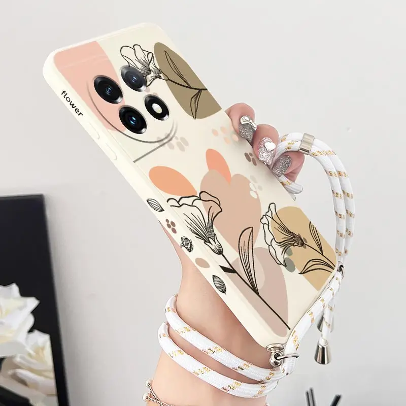 Artistic Line Flowers Crossbody Lanyard Silicone Phone Case For Oneplus 11 11R 10R 10T 10 Pro 9 9R 9RT 8T 8 8 Pro Cover