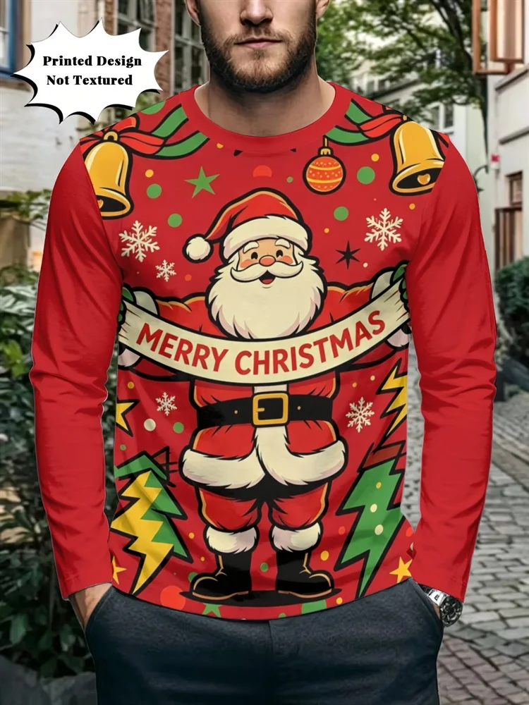 Men's Christmas Santa Claus Long Sleeve T-Shirt Cartoon Snowflake Star Gift Box Coffee Cup Graphic Pullover Tops Holiday