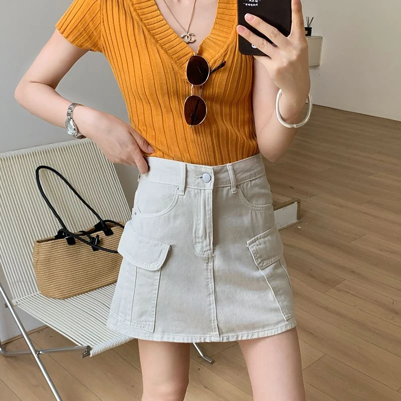 ZHISILAO New High Waist A-line Straight Denim Skirts Women Vintage Y2k Chic Beige Skrits Summer 2026