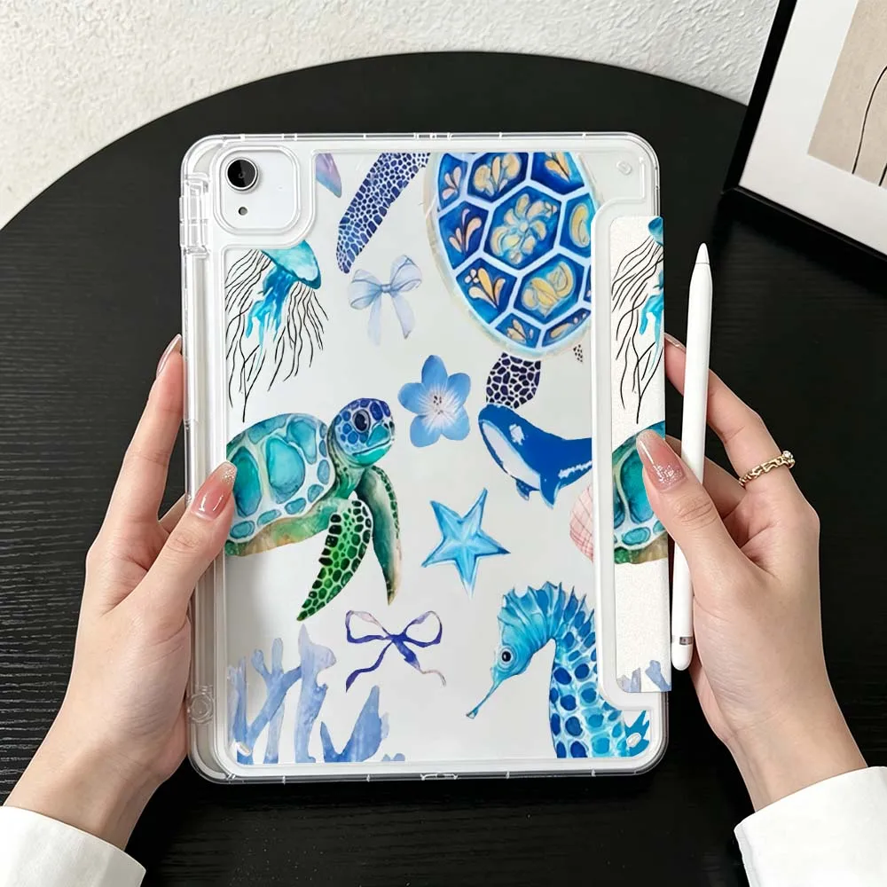 Blue Turtle Pattern Case For iPad Mini Pro Air 5 6 7 8 9 10th 11th 11 9.7 10.9 13 inch Transparent Y-Shaped Folding Tablet