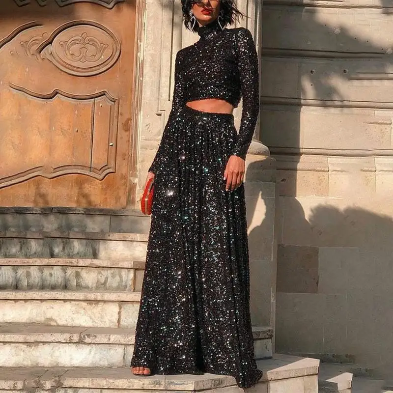 2024 New Cross-Border Sequin Elegant Long Sleeve High Collar Gown Two-Piece Set for Performances And Annually Ball Dresses