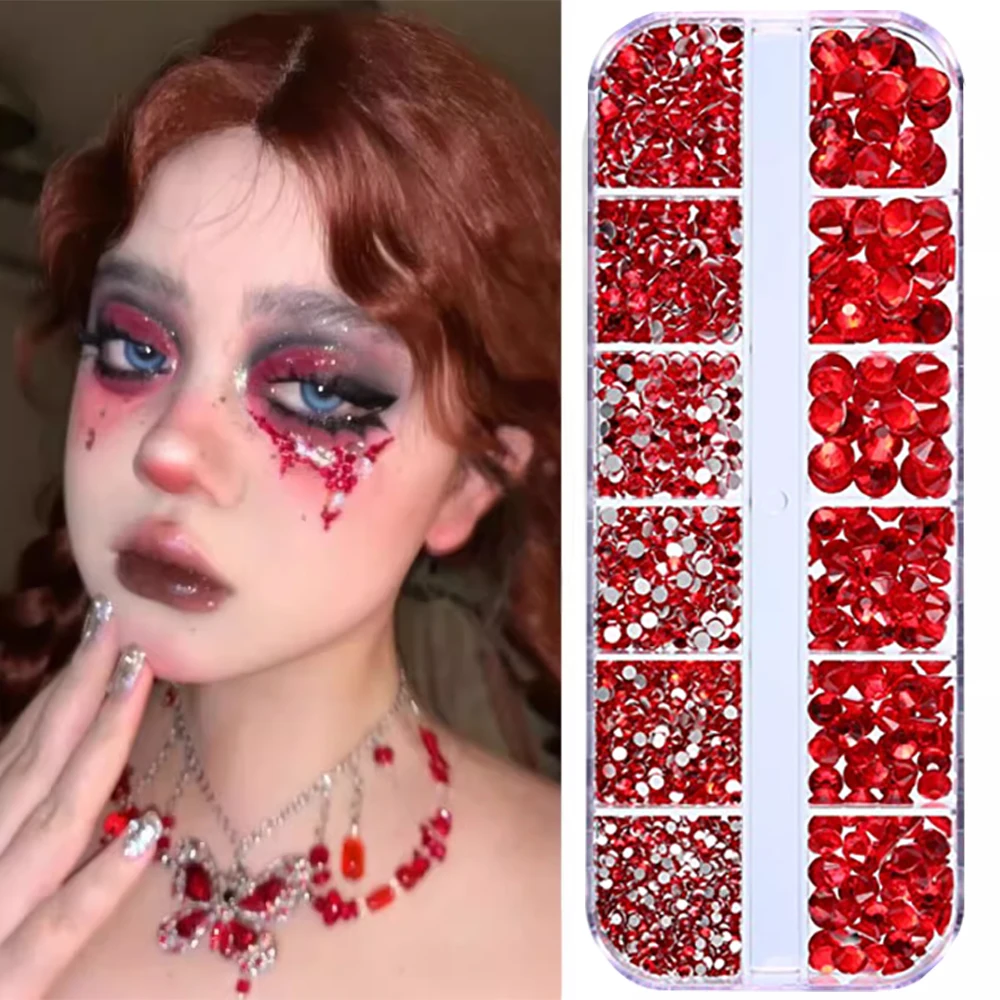 12 Grids Red Crystal Gems Rhinestone 3D Flat Bottom Transparent Glass SS4-SS16 Dazzling Diamond Nail Art decoration Face Jewelry